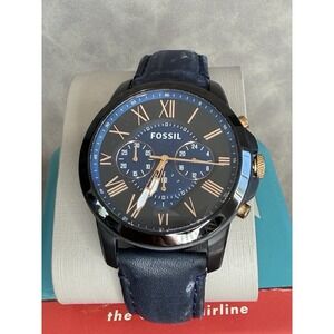 Fossil Grant Chronograph Men's Watch Blue Black Dial, Leather Strap, FS5061
